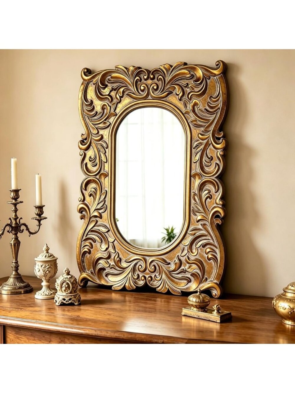 Vintage Small Oval Gold Mirror, 18x24 Inch, Distressed Finish, Home Decor Accent